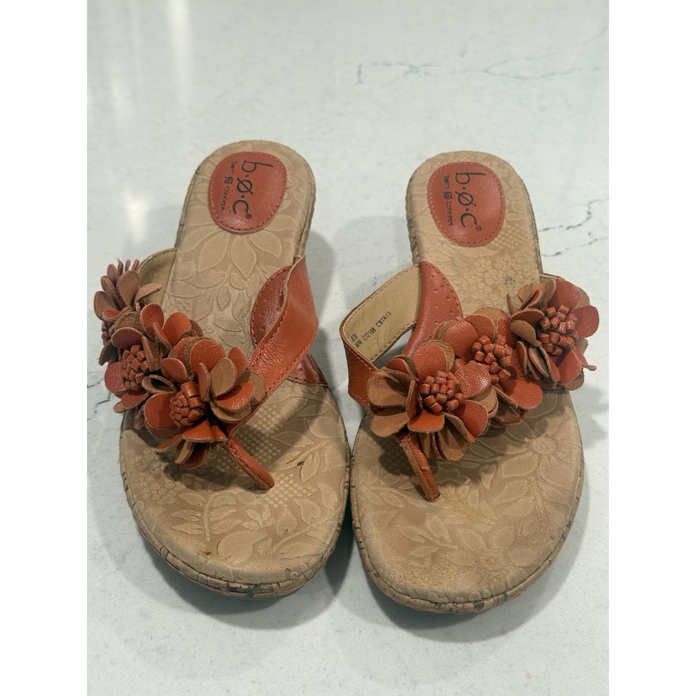 B.O.C. Born Womens Thong Sandals 8M Orange Vegan Leather Flower Flip Flop Slide